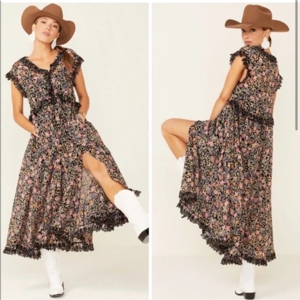 Free People Floral Midi Dress - Black and Pink